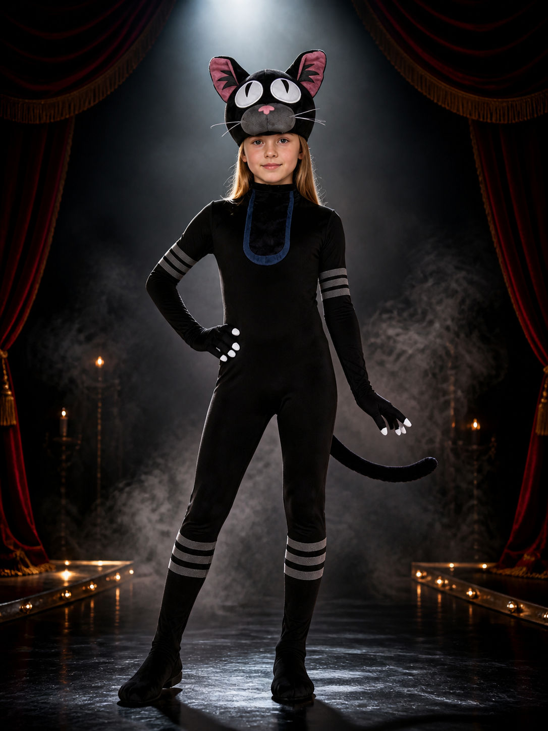 Black Cat Hooded Bodysuit Costume with Tail, Stripe Details on-model stage scene view