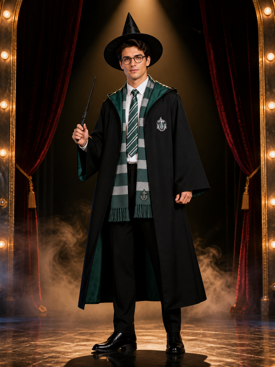 Men's Wizard Robe Costume Set, Hooded Academy Outfit With Hat, Tie, Scarf Costume Headwear detail 3
