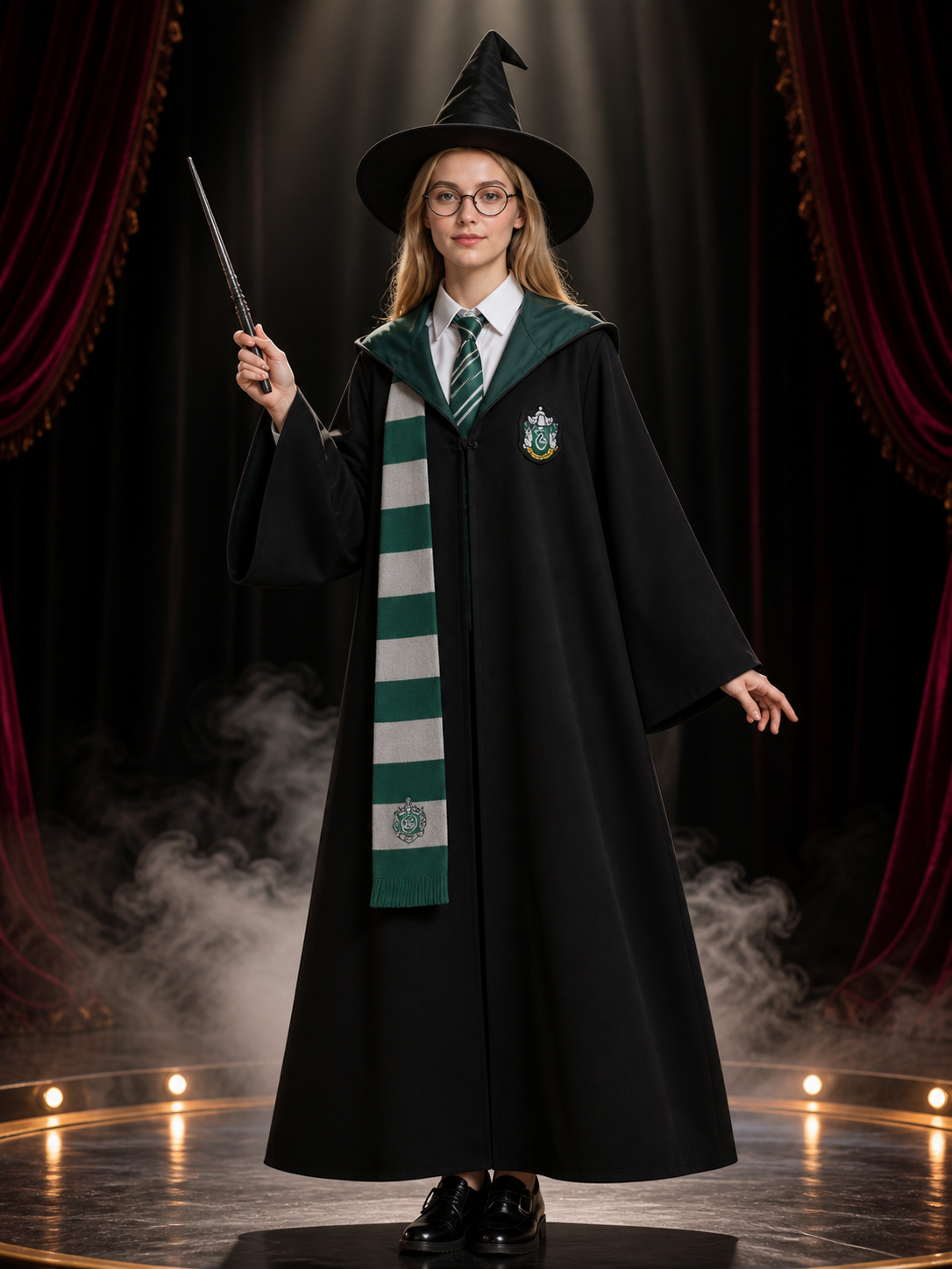 Green Wizard Costume Set: Hooded Robe, Hat, Tie, Scarf, Glasses & Wand Costume Headwear detail 3