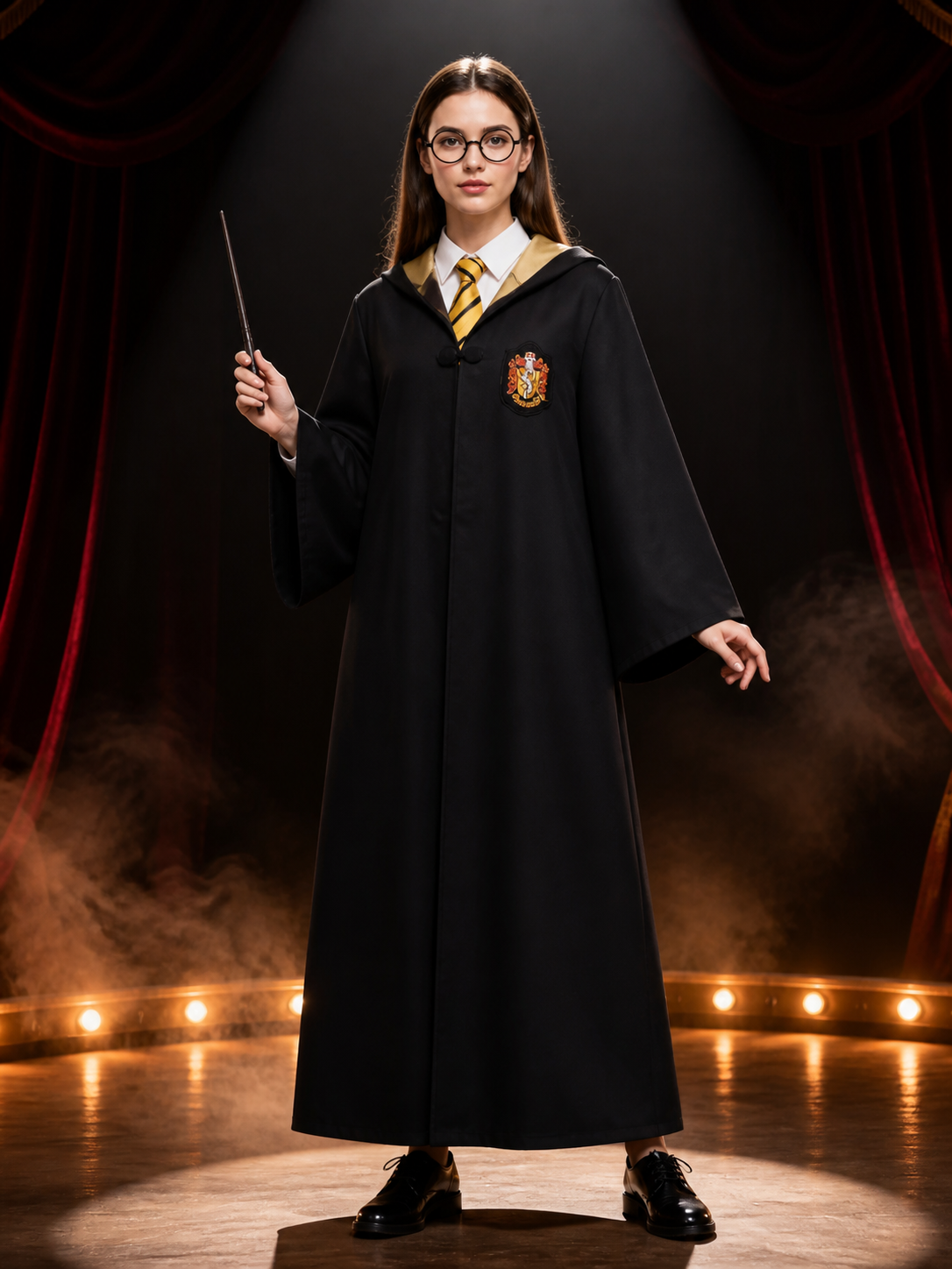 Wizard Costume Set, Hooded Black Robe with Round Glasses and Striped Tie