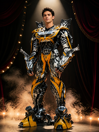 Full-Body Mechanical Armor Bodysuit Costume, Silver Gray, Yellow and Black Costumes detail 3