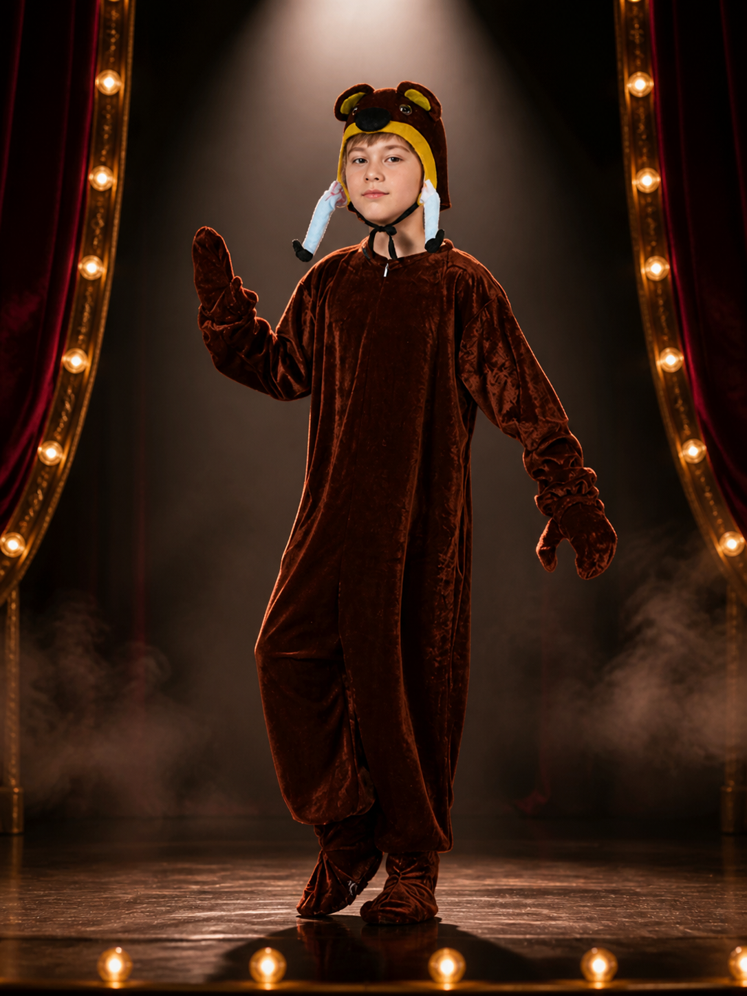 Kids Animal Onesie Costume, Brown Bear Hooded Jumpsuit with Paws for Halloween Costumes detail 3
