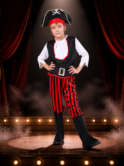 Unisex Kids Pirate Costume Set, Black Sleeveless Top with Red Striped Pants Costumes detail 3
