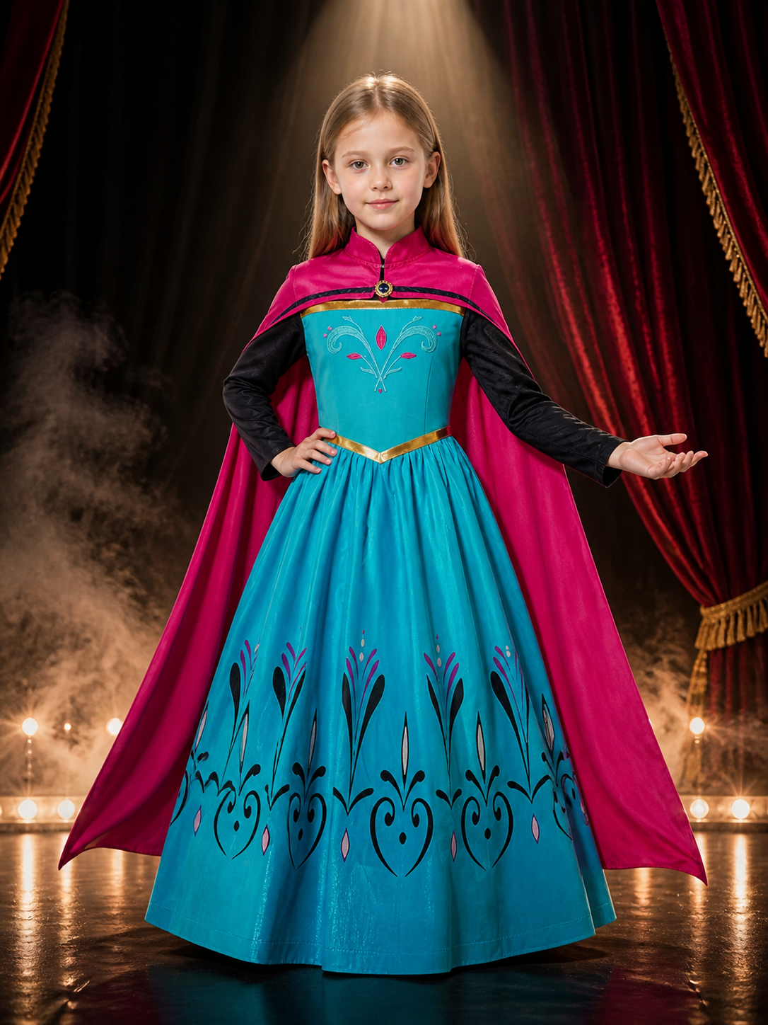 Kids Princess Costume Dress with Pink Cape, High Collar and Gold Details Costume Dresses detail 3