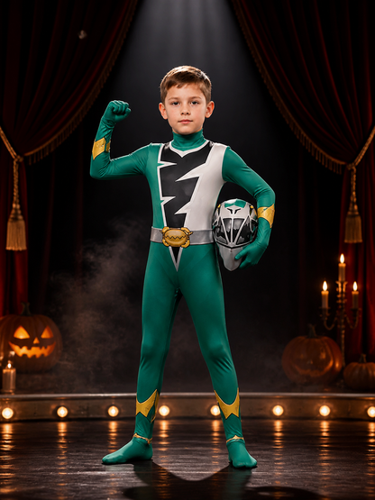 Unisex Green Ranger Bodysuit Costume with Mask, Lightning Print Halloween Outfit on-model stage scene view