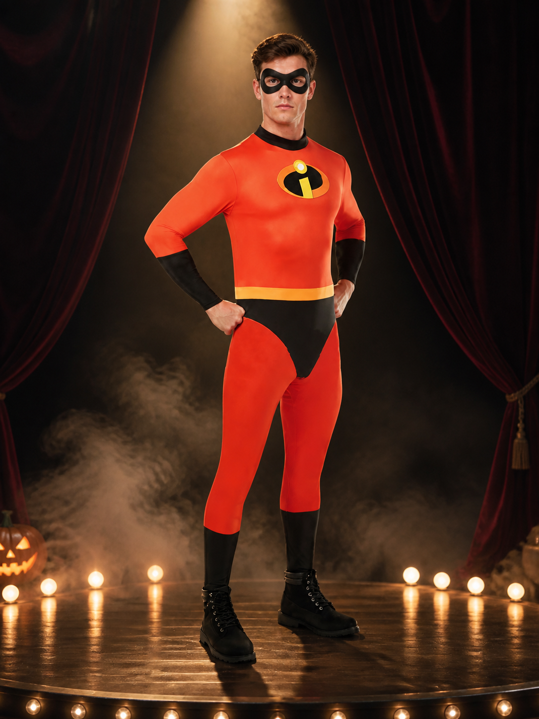 Kids' Red Black Superhero Jumpsuit with Yellow Belt, Halloween Costume Costumes detail 3