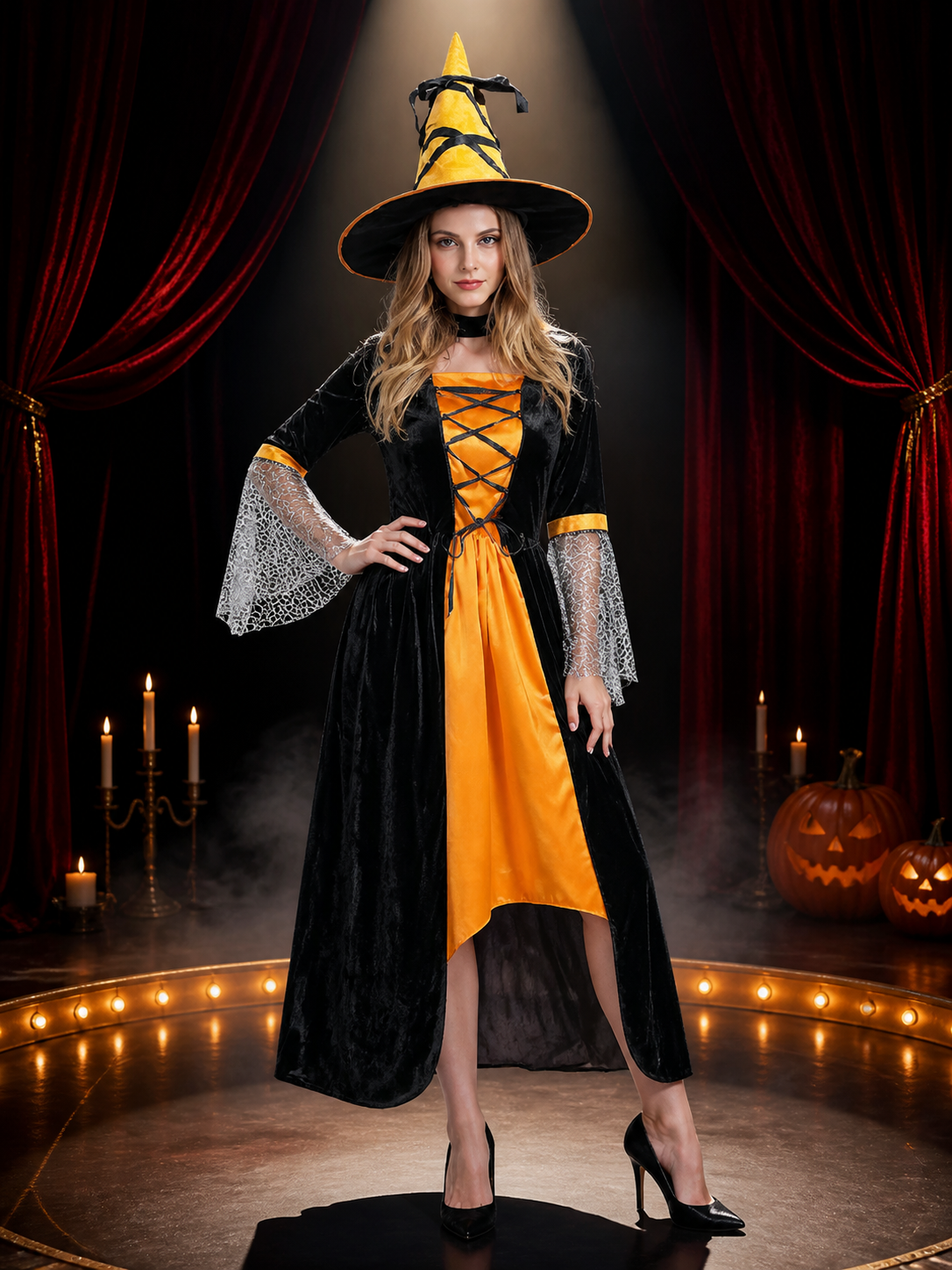 Halloween Witch Costume with Hat and Lace Sleeves
