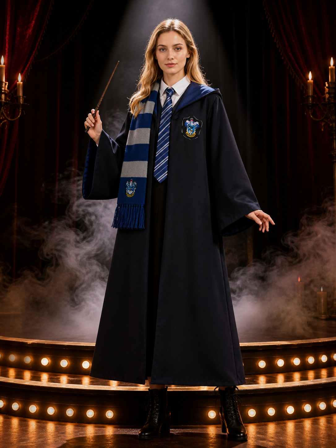 Dark Blue Academic Wizard Costume Set With Robe, Tie, And Scarf Costumes detail 3