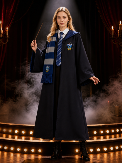 Dark Blue Academic Wizard Costume Set With Robe, Tie, And Scarf Costumes detail 3