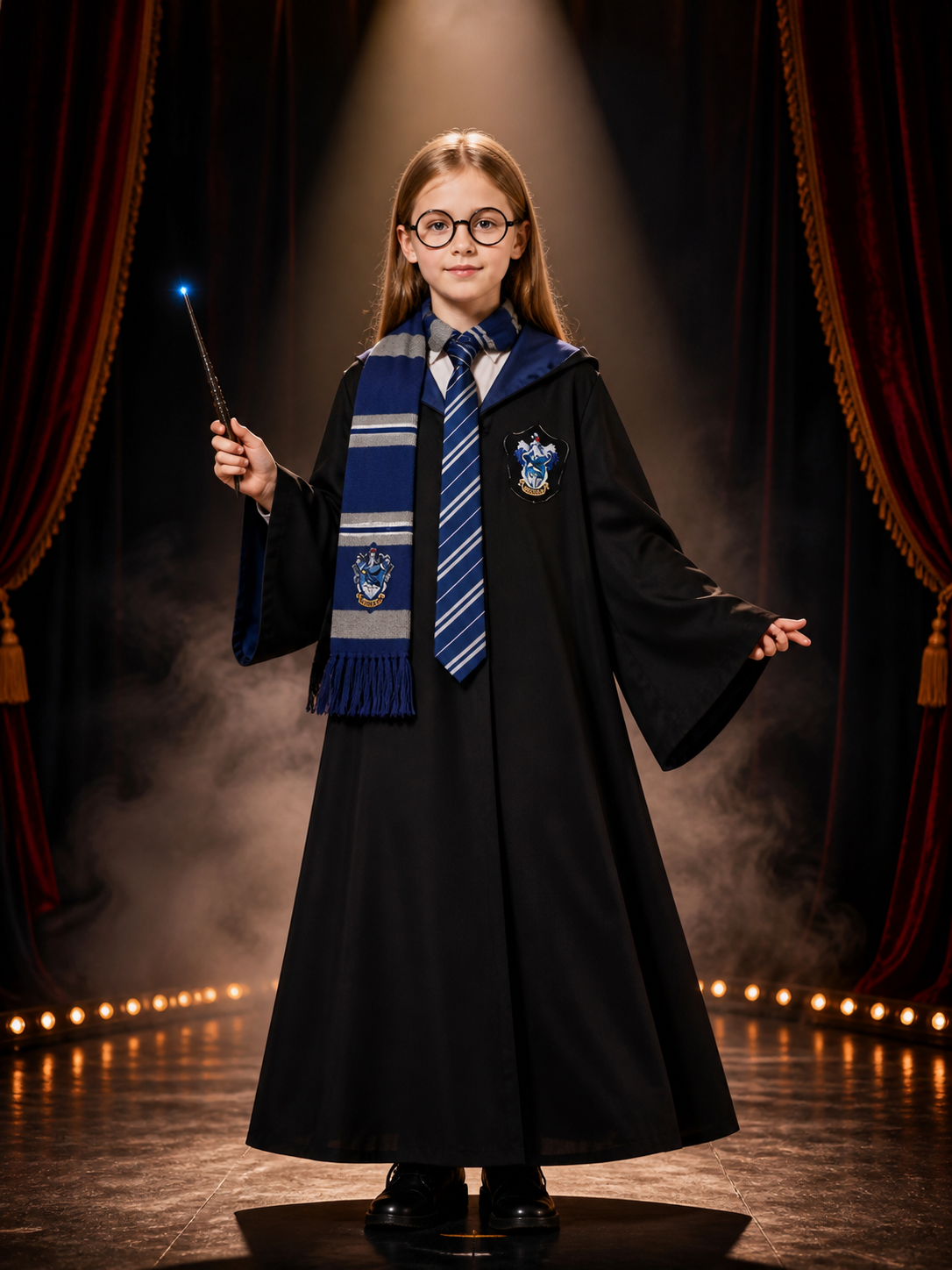 Wizard Robe Costume Set, Hooded Cloak With Striped Scarf, Tie, Glasses And Wand Costume Capes detail 3
