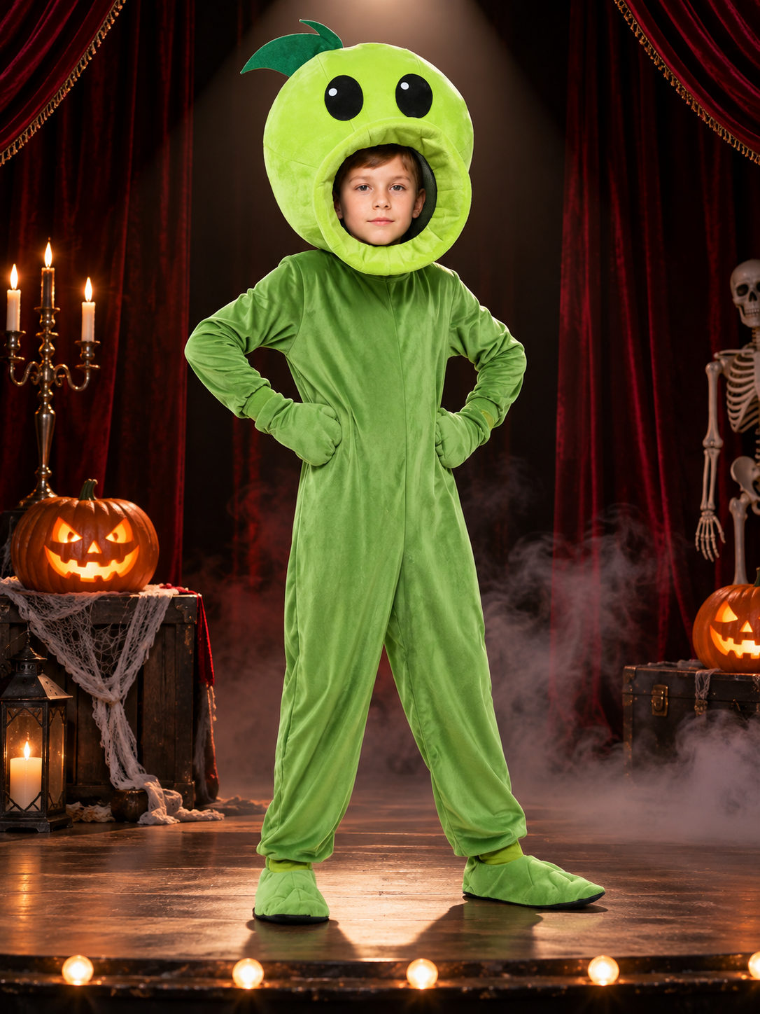 Kids' green carnival costume with headpiece