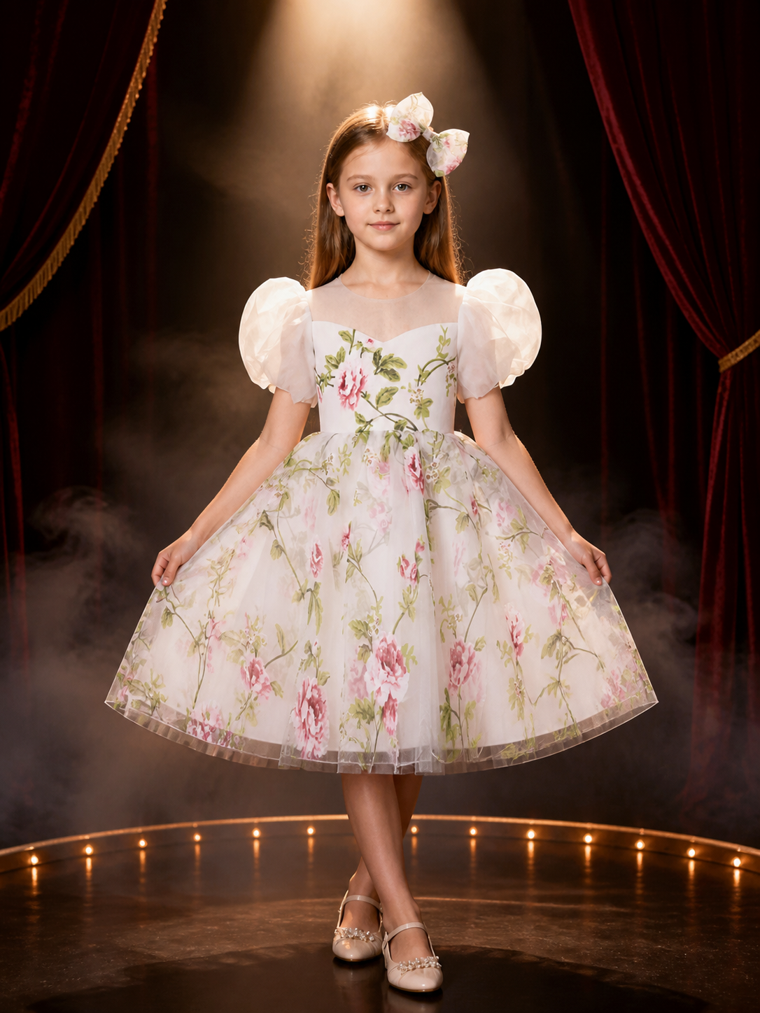 Toddler Girls' White Floral Princess Dress Set with Puff Sleeves and Bow Hair Costume Dresses detail 3
