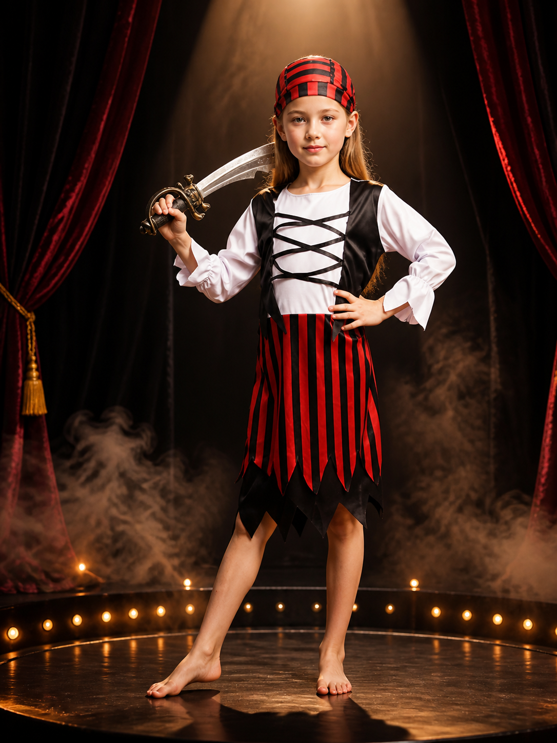 Kids' Red Black Pirate Costume Set with Striped Skirt and Hat, Halloween Outfit