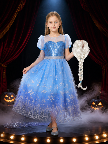Girls Snow Queen Sequined Costume Dress, Blue Puffy Gown with Cape and Wig Costume Dresses detail 3