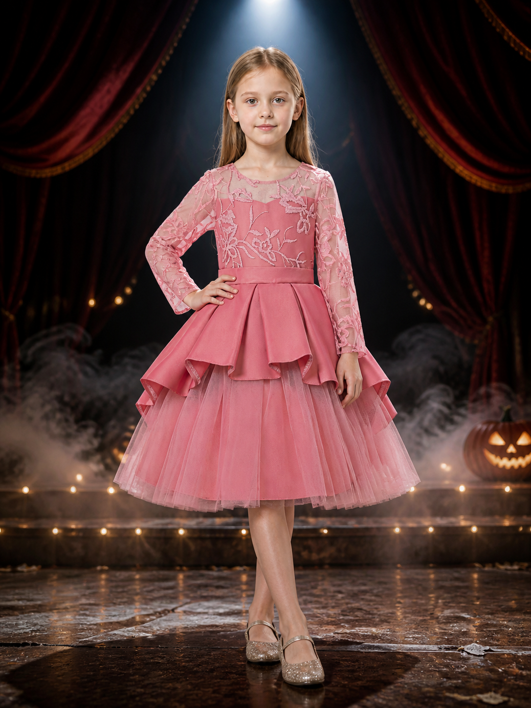 Girls' Pink Princess Flower Girl Baptism Dress, Embroidered Lace Tulle Costume Dresses detail 3
