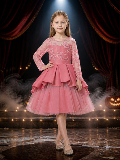 Girls' Pink Princess Flower Girl Baptism Dress, Embroidered Lace Tulle Costume Dresses detail 3