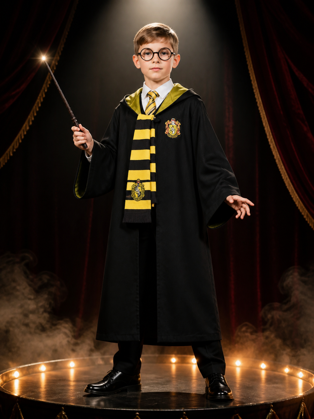 Kids Wizard Robe Costume Set, Black Hooded Cape with Yellow Black Striped Scarf Costume Capes detail 3