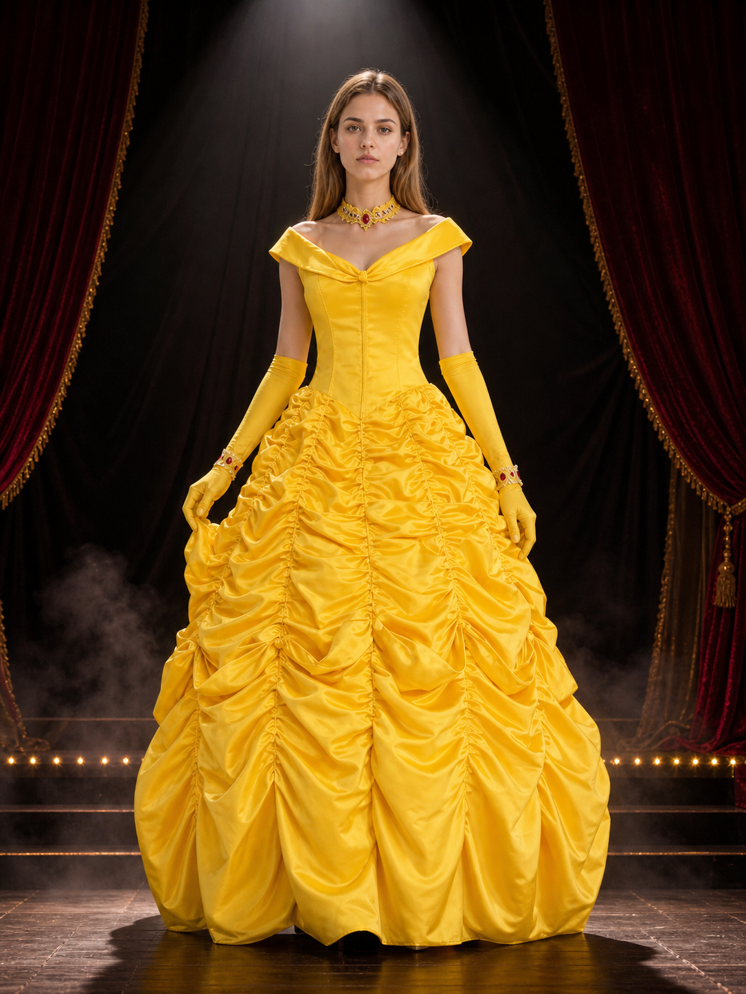 Women's Yellow Princess Costume Dress with Off-Shoulder, Ruffled Skirt, Gloves Costume Dresses detail 3