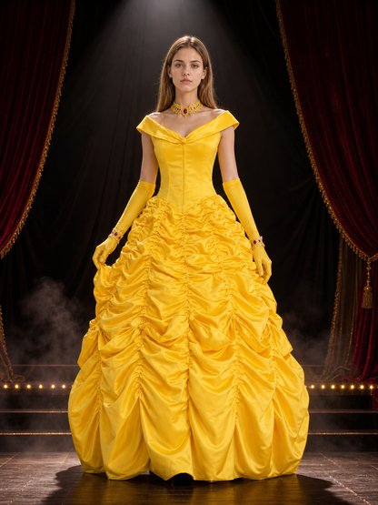 Women's Yellow Princess Costume Dress with Off-Shoulder, Ruffled Skirt, Gloves Costume Dresses detail 3