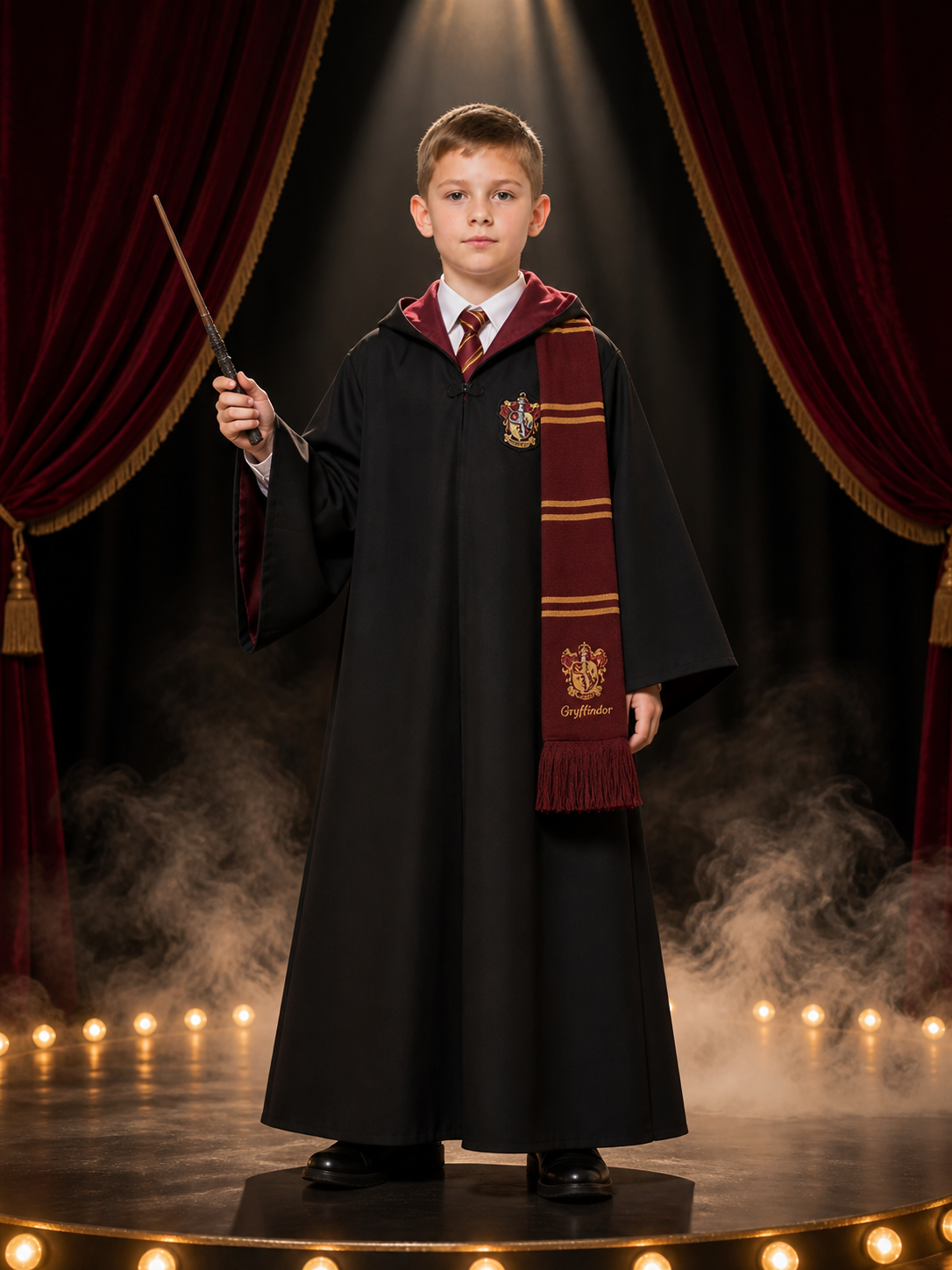 Academy Wizard Hooded Robe Costume Set With Tie, Scarf, Shirt And Wand Costume Accessories detail 3