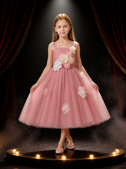 Girls' Pink Princess Party Dress, Layered Tulle Skirt With Floral Details Costume Dresses detail 3