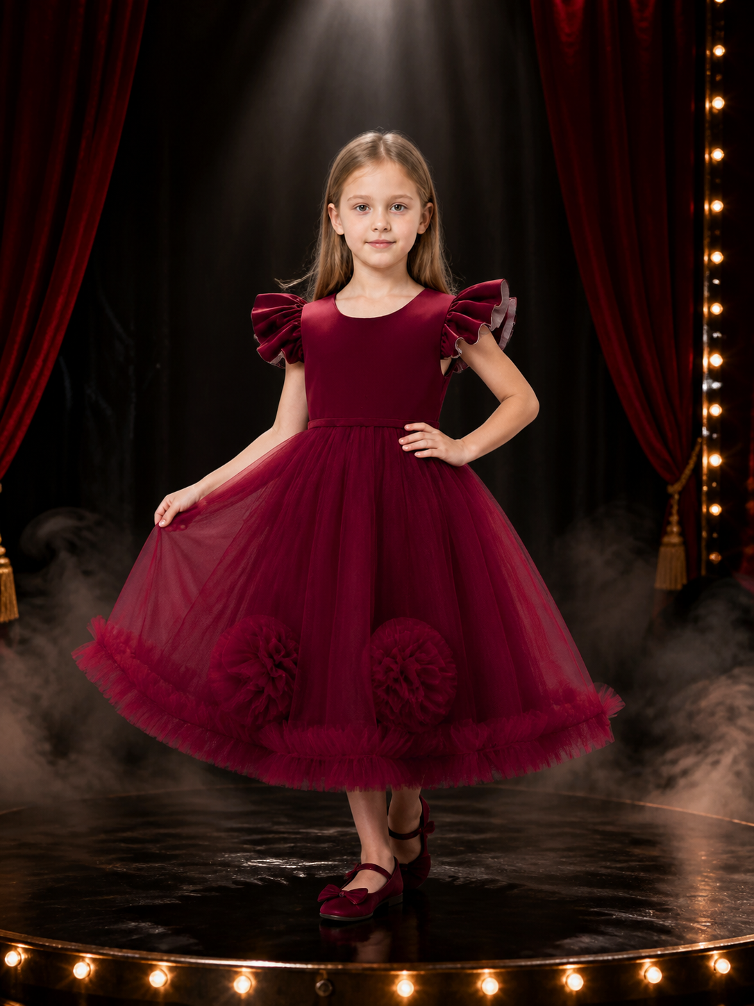 Girls' Maroon Princess Party Dress with Layered Tulle Skirt and 3D Flowers Costume Dresses detail 3