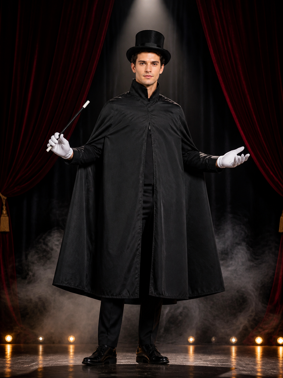 Wizard Halloween Costume Set with Black Cape, Top Hat, Gloves & Magic Wand Costume Capes detail 3