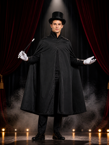 Wizard Halloween Costume Set with Black Cape, Top Hat, Gloves & Magic Wand Costume Capes detail 3