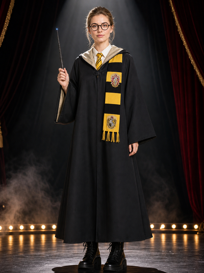 Hufflepuff Wizard Costume Set, Hooded Robe With Striped Scarf, Tie, Glasses & Costumes detail 3