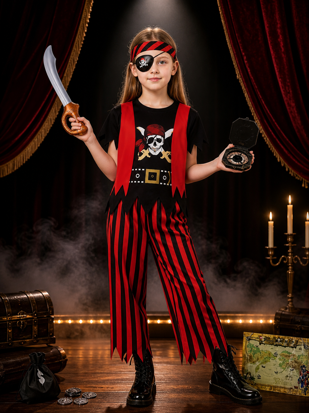 Kids Pirate Costume Set with Skeleton Print, Eye Patch & Halloween Accessories Costume Accessories detail 3