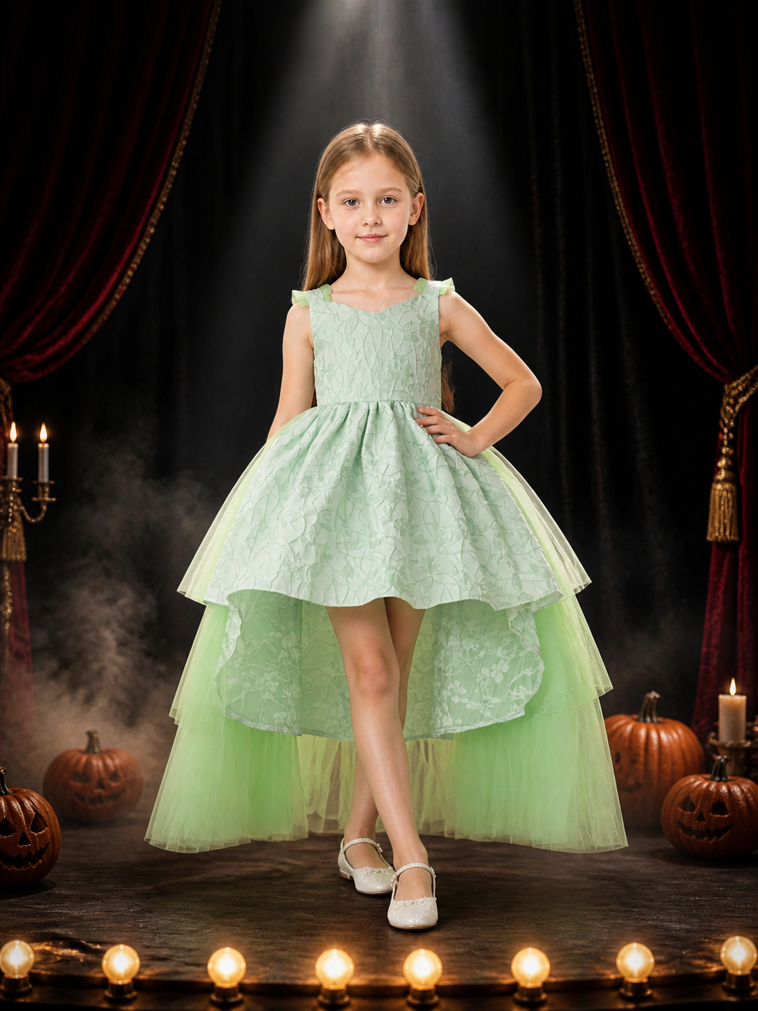 Girls' Apple Green Princess Flower Girl Dress, V-Neck Sleeveless Layered Tulle Costume Dresses detail 3
