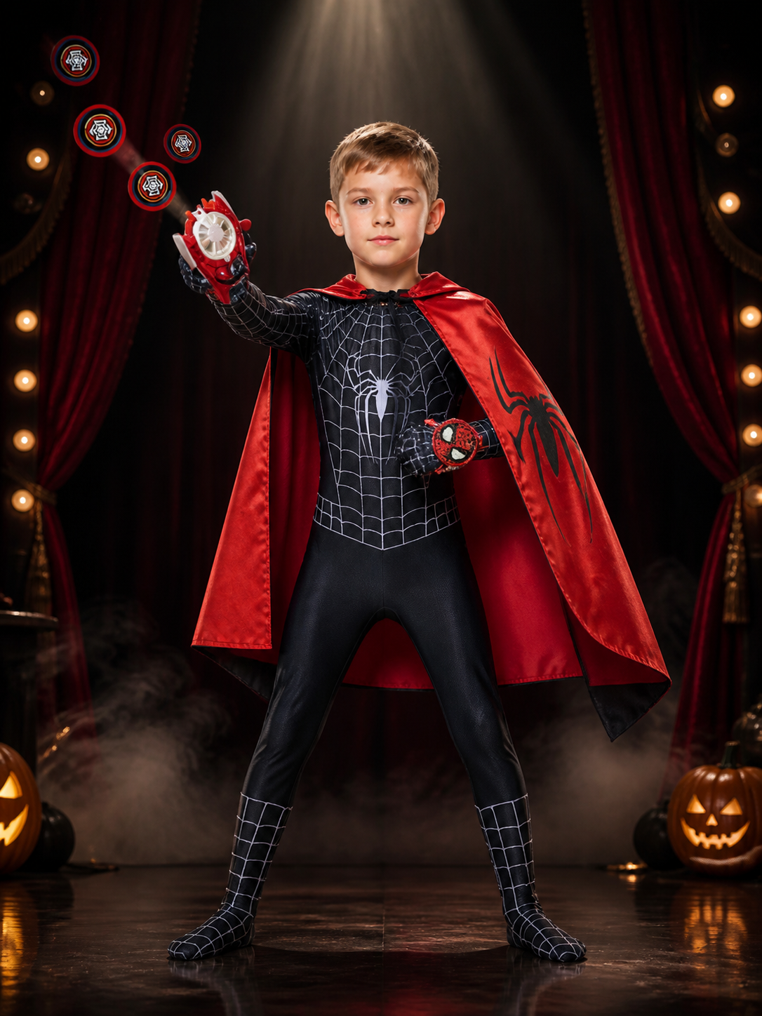 Kids' Black Spider-Themed Full-Body Bodysuit Costume With Cape And Web Shooter Costume Capes detail 3