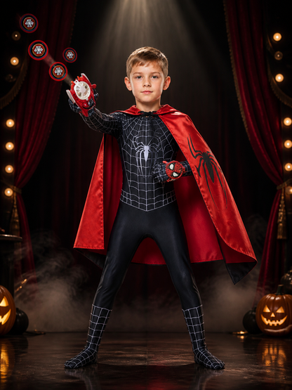 Kids' Black Spider-Themed Full-Body Bodysuit Costume With Cape And Web Shooter Costume Capes detail 3