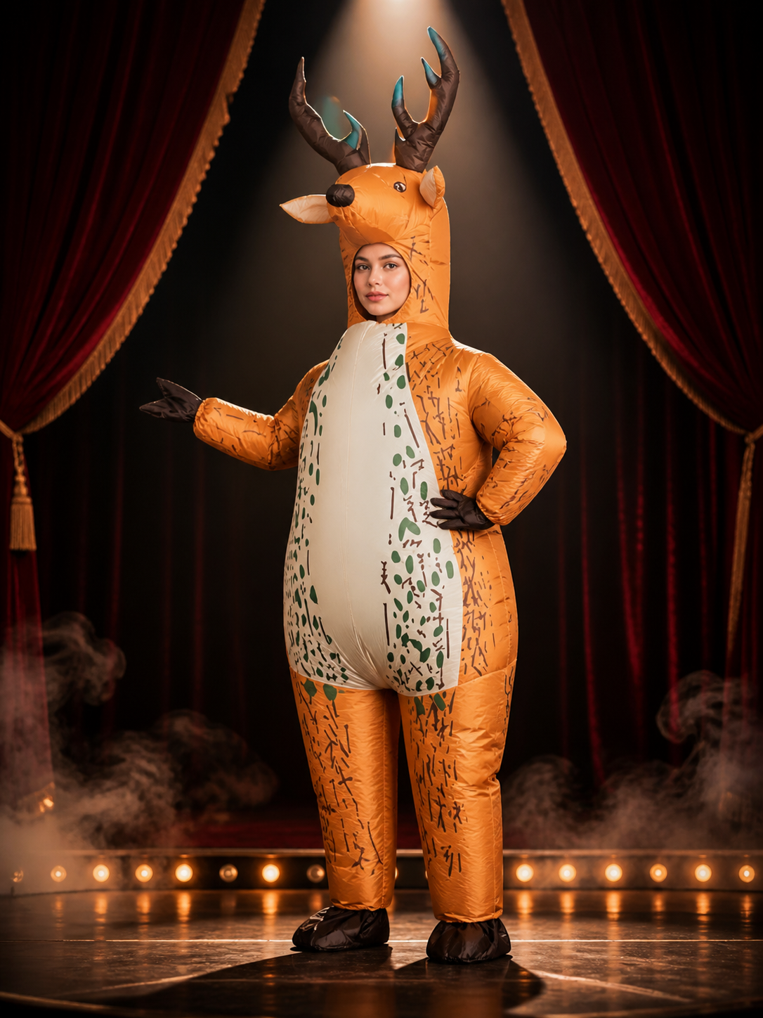 Unisex Reindeer Hooded Onesie Costume with Antlers, White Belly and Green Trim Costumes detail 3