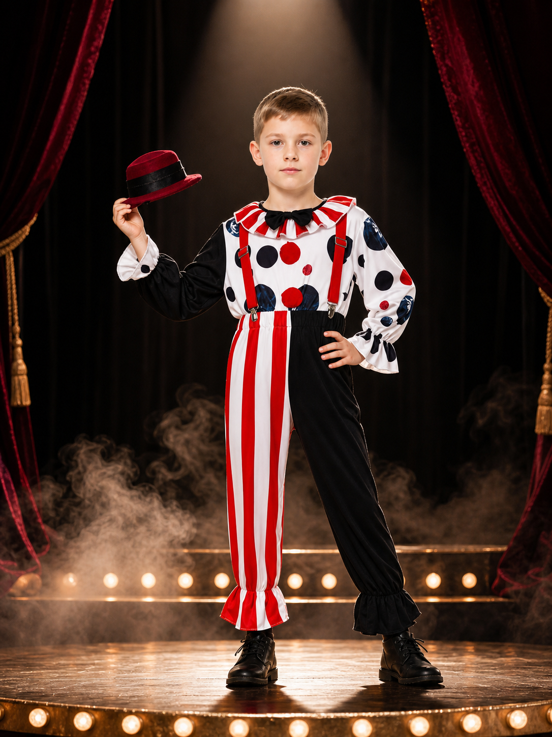Men's Clown Costume Set, Asymmetric Striped Pants & Vest, Bow Tie, Hat Costume Headwear detail 3