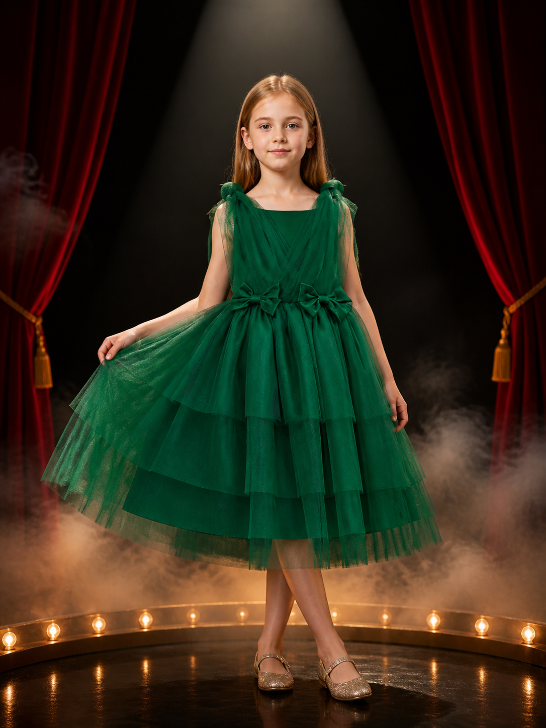 Girls' Dark Green Princess Dress, Sleeveless V-Neck Layered Tulle Gown With Bow Costume Dresses detail 3