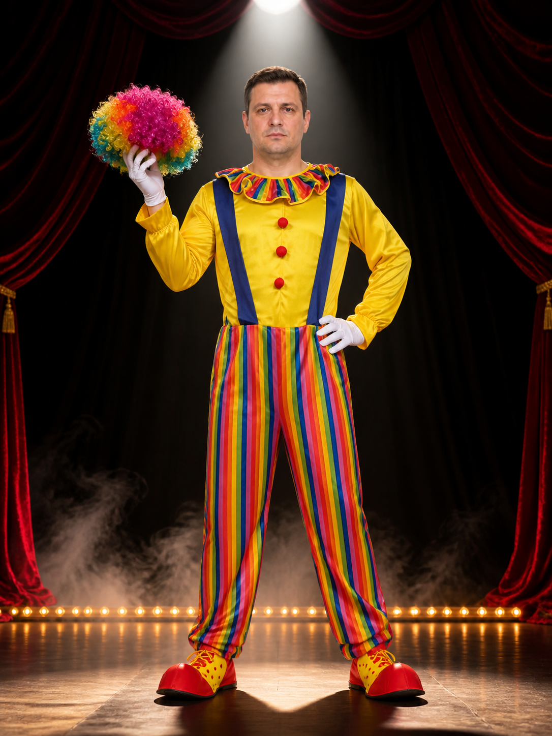 Adult Clown Jumpsuit Costume, Colorful Stripes, Suspender Style Halloween Party Costumes detail 3