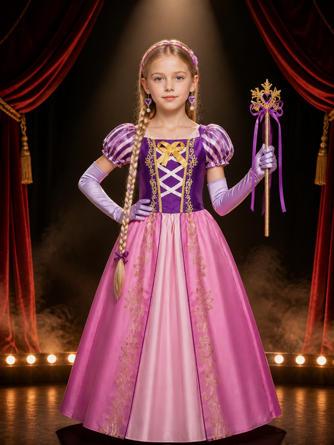 Girls' Rapunzel-Style Princess Costume Dress Set With Wig, Earrings, Gloves And Costume Dresses detail 3