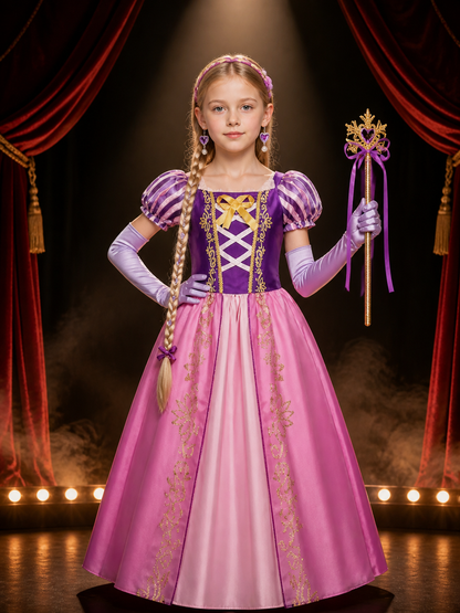 Girls' Rapunzel-Style Princess Costume Dress Set With Wig, Earrings, Gloves And Costume Dresses detail 3