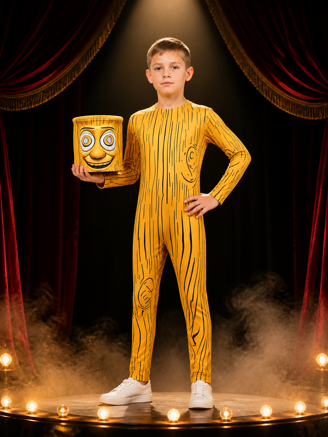 Yellow Wooden Man Halloween Costume Set, Wooden Grain Print Jumpsuit on-model stage scene view