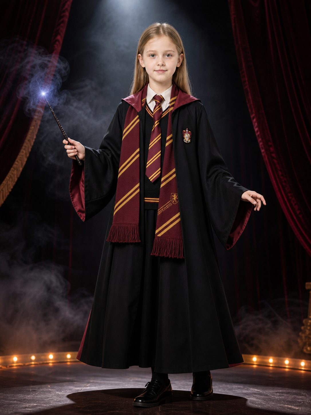 Kids' Burgundy and Black Hooded Wizard Robe Costume Set with Vest, Tie, Scarf Costumes detail 3