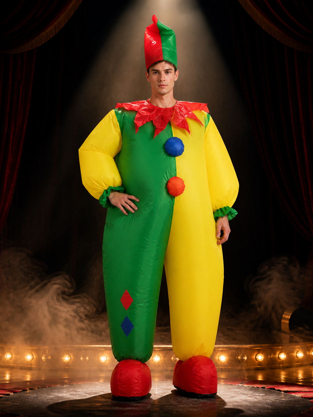 Colorful Jester Clown Inflatable Costume with Diamond Pattern and Jester Hat for Costume Headwear detail 3
