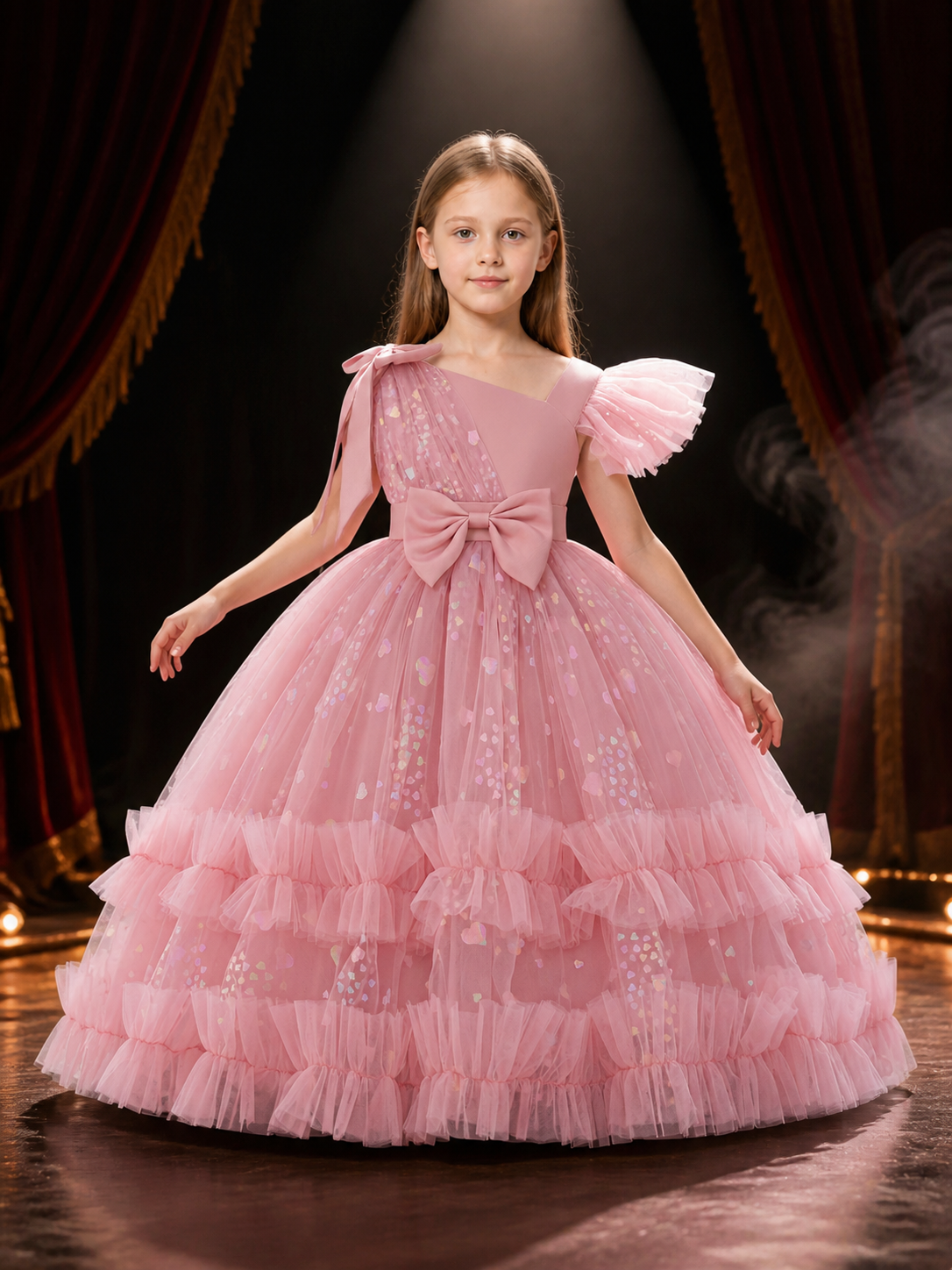 Baby Girls' Pink Sequined Princess Dress with Bows and Layered Ruffle Skirt Costume Dresses detail 3