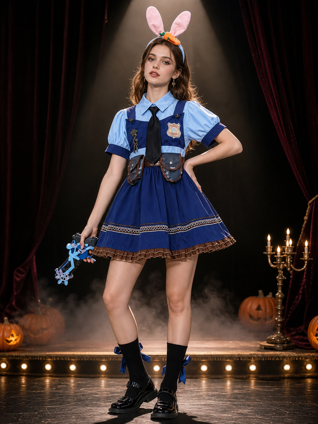 Children's Rabbit Police Costume Dress With Tie, Badge And Safety Shorts on-model stage scene view