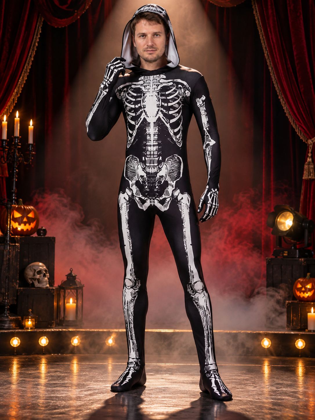 Black and White Skeleton Costume Hooded Jumpsuit with Print