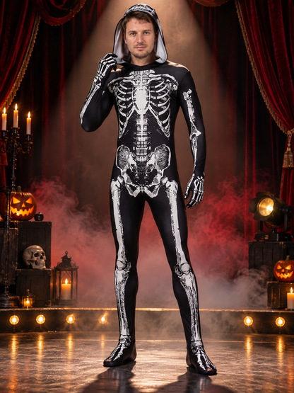 Black and White Skeleton Costume Hooded Jumpsuit with Print