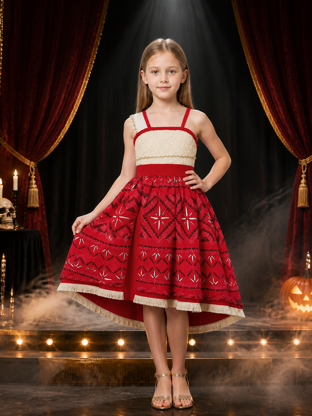 Girls' Princess Dress Costume, Red Geometric Print Lace Bodice Party Outfit With Costume Dresses detail 3