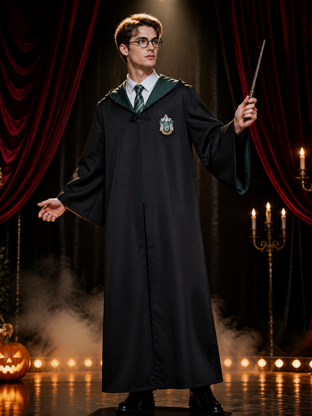 Kids Wizard Costume Set - Hooded Robe with House Crest, Scarf, Tie, Glasses Costumes detail 3