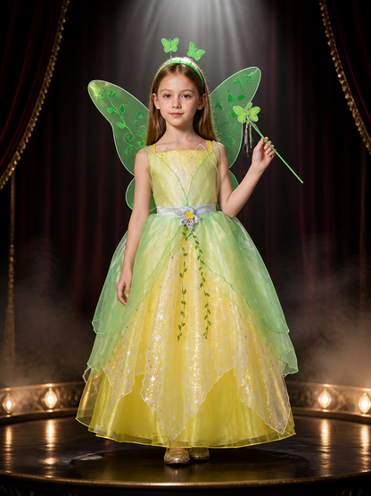 Girls Enchanted Fairy Princess Costume Dress with Wings, Headband & Wand, Green Costume Dresses detail 3