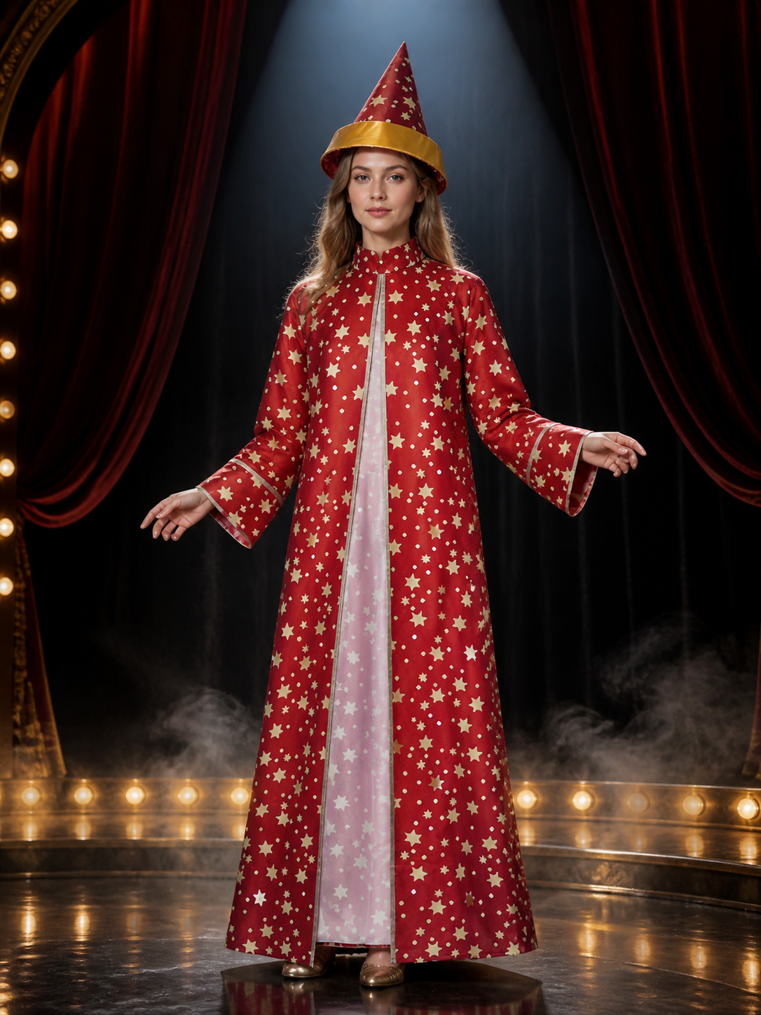 Red Star-Printed Witch Costume Set, Long Robe And Pointed Hat Halloween Outfit